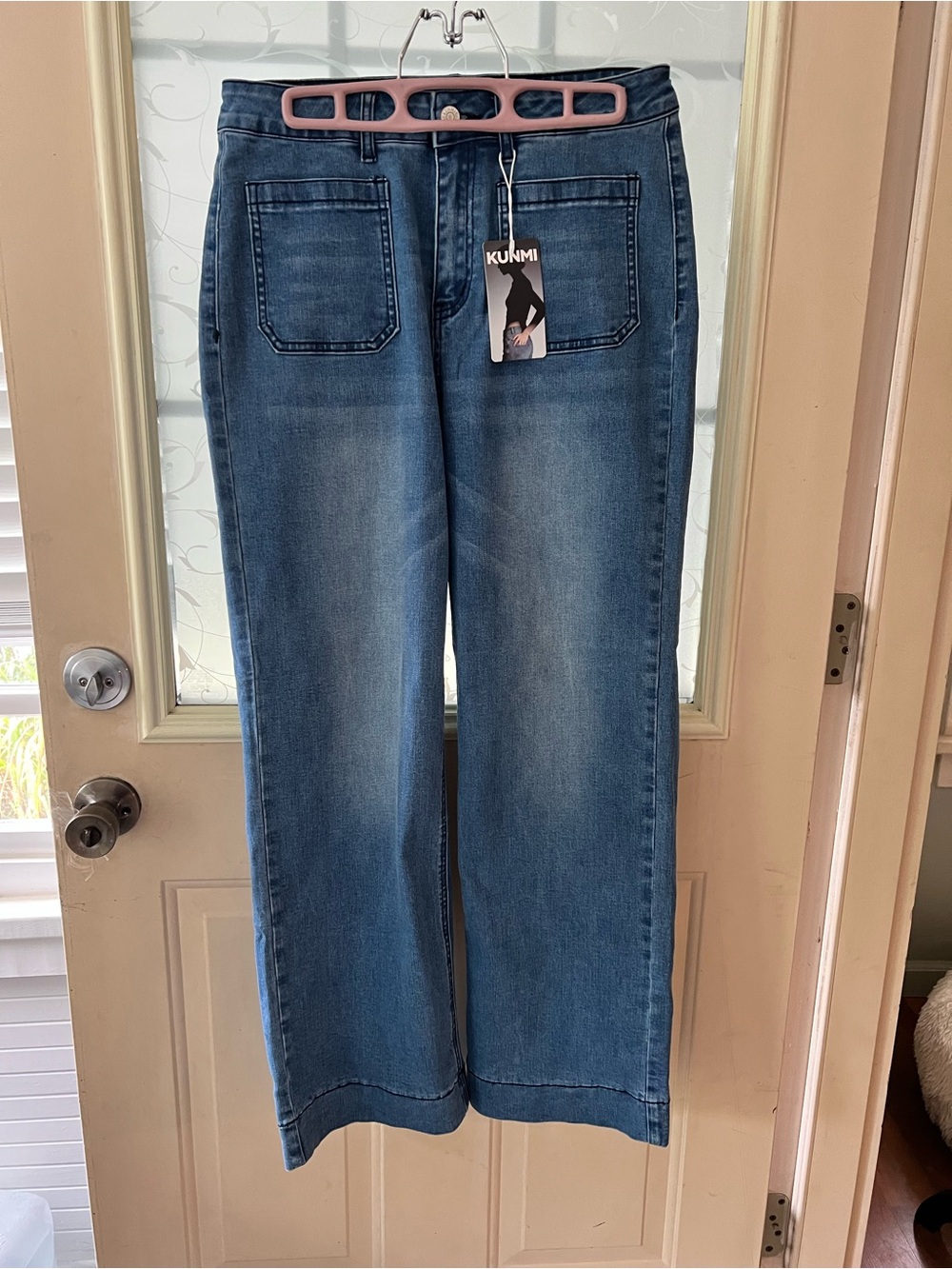 Kunmi size 10 high waisted wide leg stretchy denim pants with front patch pocket